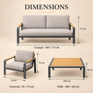 Salon de jardin 4 pièces aluminium et bois – Canapé, fauteuils et table basse