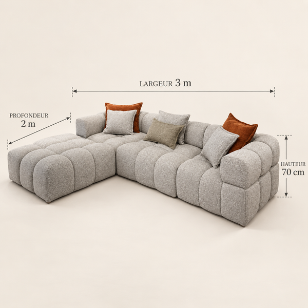 Canapé d'angle modulable Bloc : douceur capitonnée en gris perle
