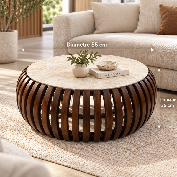 Table Basse Ronde Sculpturale – Bois & Effet Pierre