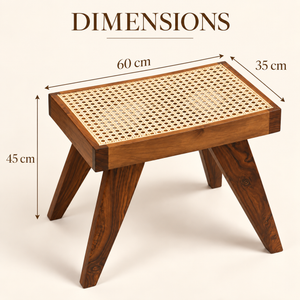 Tabouret bas cannage et bois massif – Style Pierre Jeanneret, jambes compas