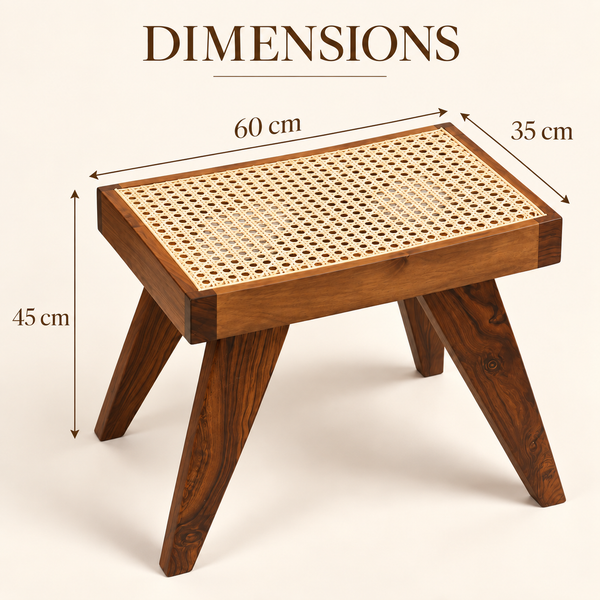 Tabouret bas cannage et bois massif – Style Pierre Jeanneret, jambes compas