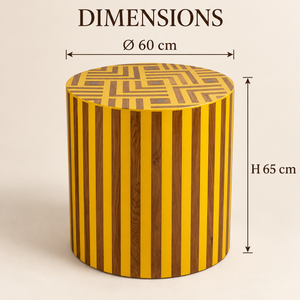 Table d'appoint cylindrique marquetée jaune et bois – Motif géométrique labyrinthe