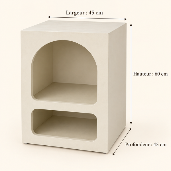 Table de chevet sculpturale bi-niches en résine/plâtre – Arche et rectangle