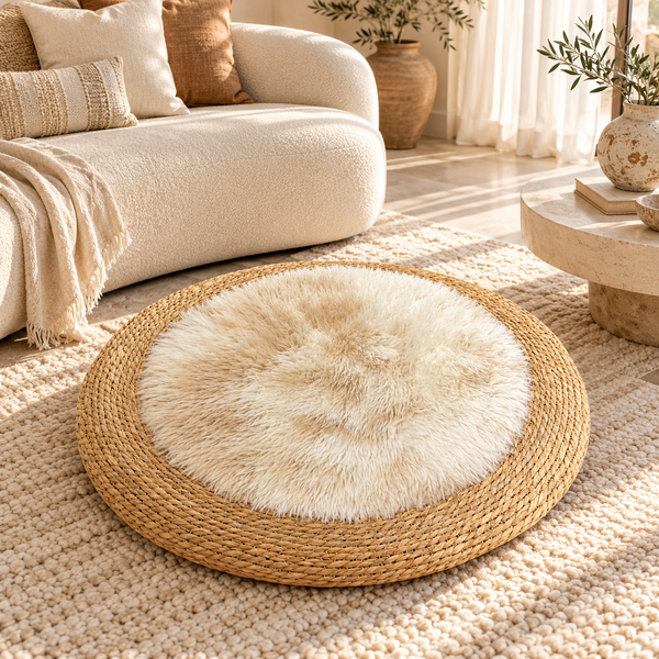 Tapis rond « Douceur » en fibre naturelle tressée et fourrure synthétique – Bordure en jonc