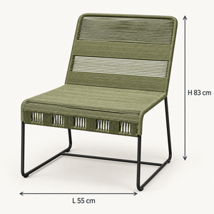 Fauteuil lounge en corde tressée – Structure luge en métal noir et assise vert olive
