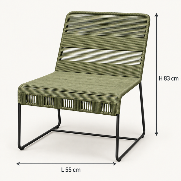 Fauteuil lounge en corde tressée – Structure luge en métal noir et assise vert olive