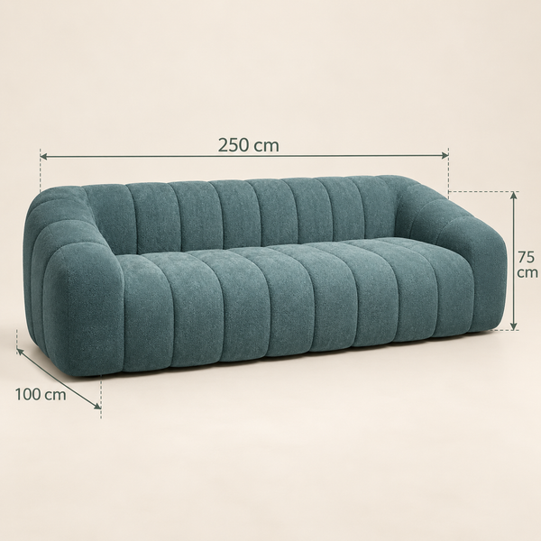 Canapé 3 Places en Bouclette Bleu Canard, Design Capitonné à Larges Chenilles Verticales