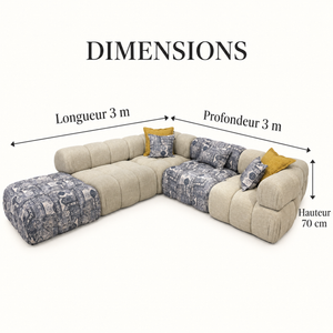 Canapé d'angle modulable Patchwork : capitonné beige &amp; motifs bleu indigo