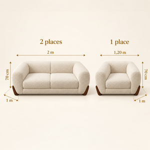 Ensemble salon 2+1+1 en tissu bouclé crème – Pieds bois noyer & design arrondi