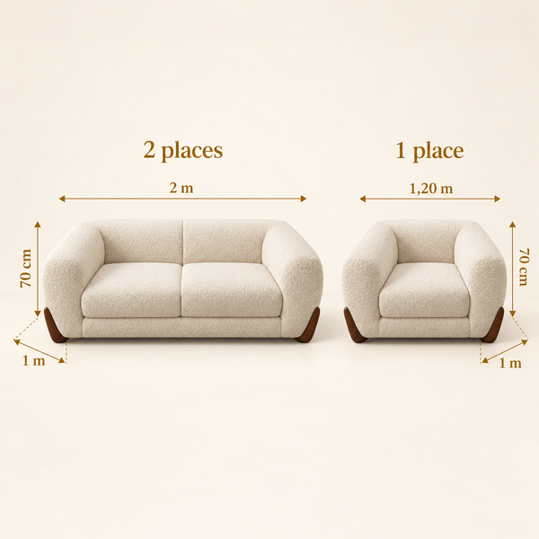 Ensemble salon 2+1+1 en tissu bouclé crème – Pieds bois noyer & design arrondi