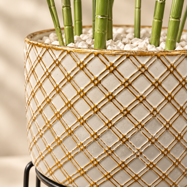 Palmier Areca Artificiel avec Pot Céramique Doré et Support Métal Noir