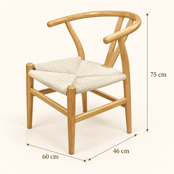 Chaise « Wishbone » en bois clair et assise en corde tressée – Dossier courbé en Y