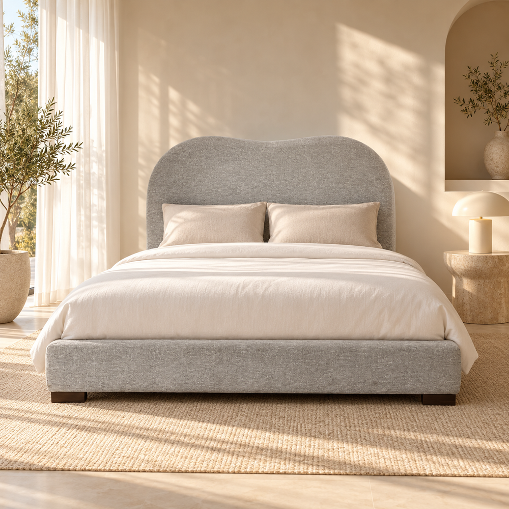 Lit Plateforme Gris Chiné en Tissu Bouclé, Tête de Lit Courbe Ondulée