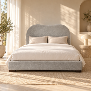 Lit Plateforme Gris Chiné en Tissu Bouclé, Tête de Lit Courbe Ondulée