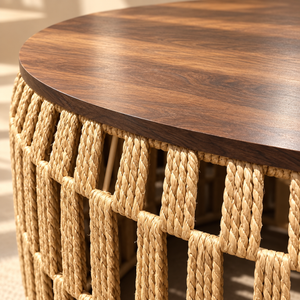 Table basse ronde « Raphia » en corde tressée – Plateau rond en bois effet noyer