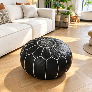 Pouf Marocain Rond en Cuir Noir avec Broderie Blanche
