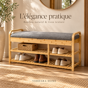 Banc à chaussures en bambou avec assise rembourrée gris – Rangement 2 niveaux & poignées courbes