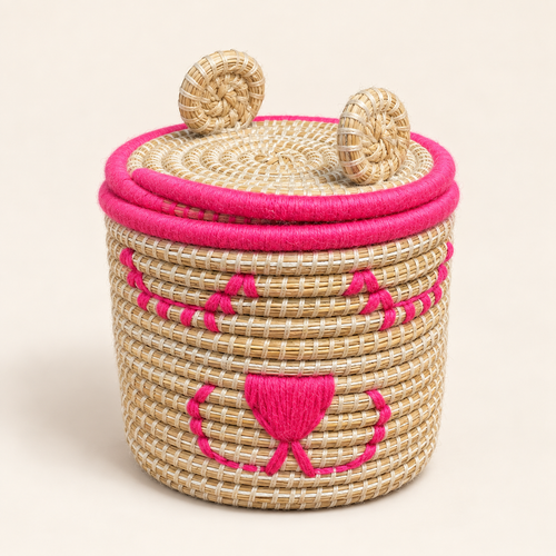 Set de 2 paniers de rangement ourson avec couvercle, fibres naturelles et fil rose vif, pour chambre d'enfant