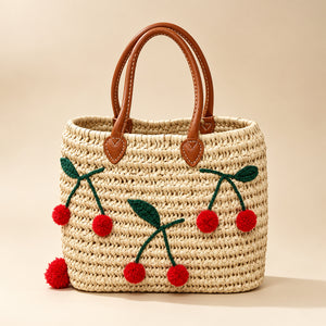 Panier Cabas en Paille Tressée avec Cerises Brodées et Anses en Cuir