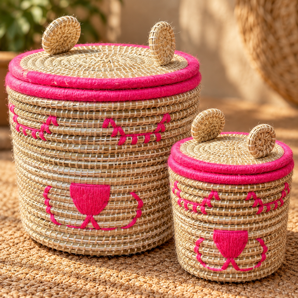 Set de 2 paniers de rangement ourson avec couvercle, fibres naturelles et fil rose vif, pour chambre d'enfant