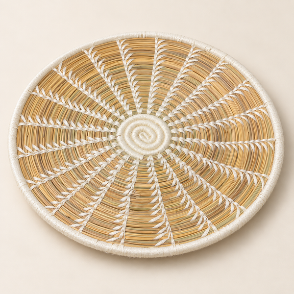 Panier de rangement rond tressé main – Fibres naturelles et broderie blanche, motif étoile