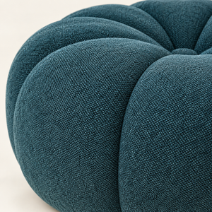 Pouf Citrouille Bleu Canard en Tissu Bouclé, Forme Arrondie à Quartiers