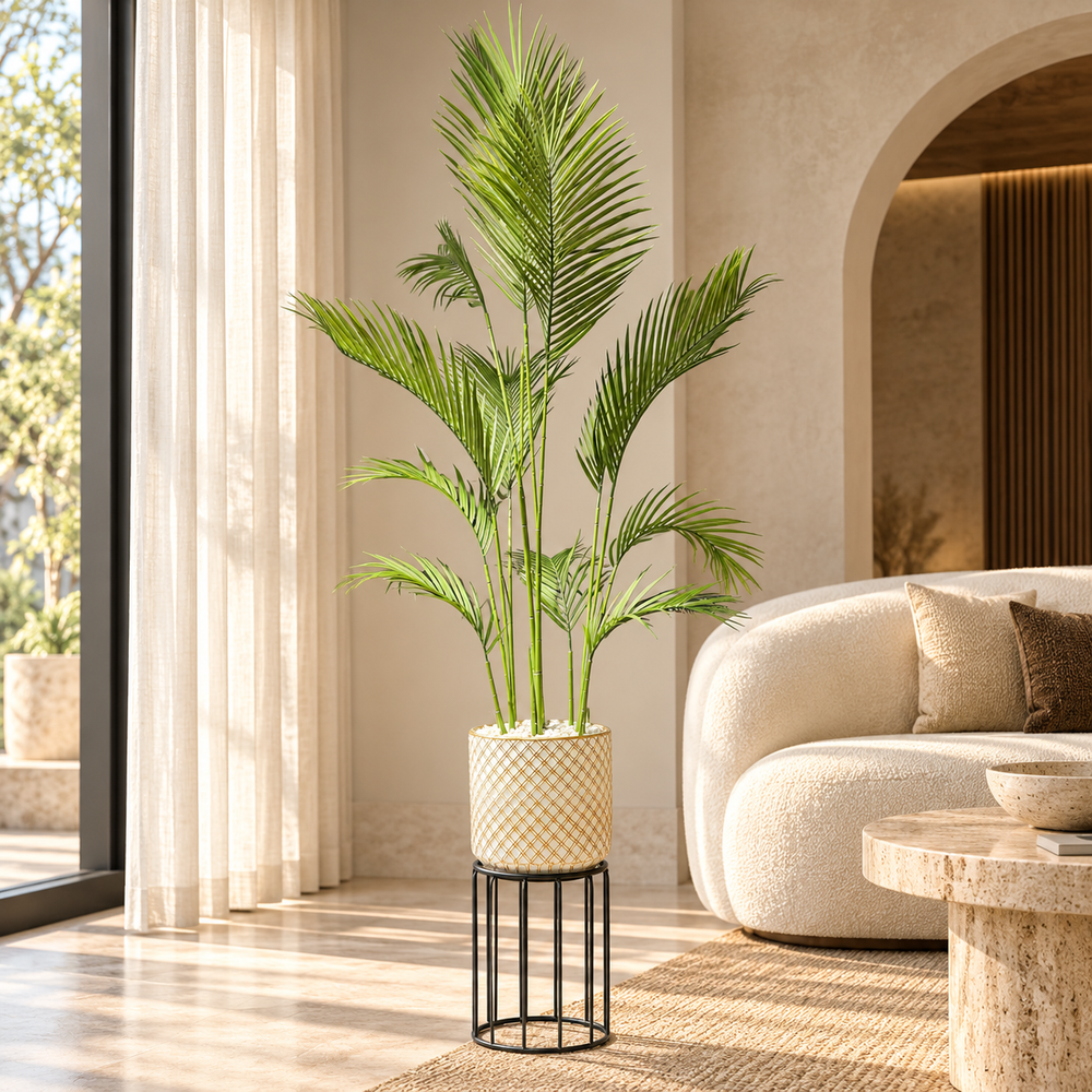 Palmier Areca Artificiel avec Pot Céramique Doré et Support Métal Noir