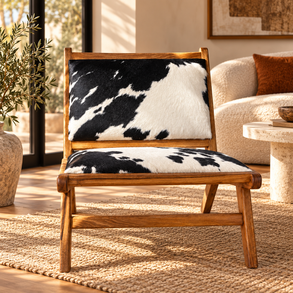 Fauteuil lounge « Pampa » en teck et peau de vache noir et blanc – Design bas
