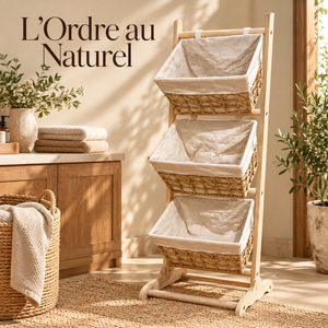 Étagère de rangement à 3 paniers – Structure en bois clair et paniers tressés avec doublure en tissu beige