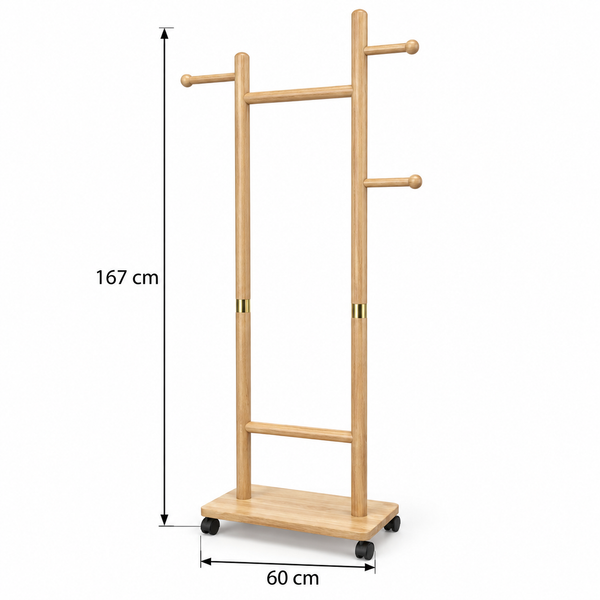 Portant mobile « Sahara » sur roulettes – Bois clair et bague en laiton doré