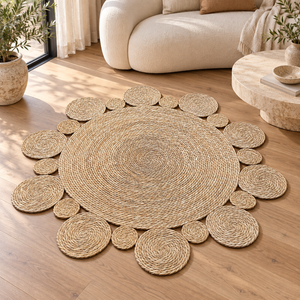 Tapis rond en fibres naturelles tressées, style bohème à médaillons