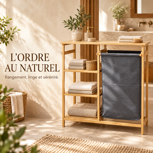 Meuble rangeage 2 en 1 en bambou – Étagère 3 niveaux et panier à linge en tissu gris