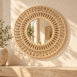 Miroir rond « Rayonnant » en rotin et bambou – Cadre ajouré effet soleil, finition naturelle