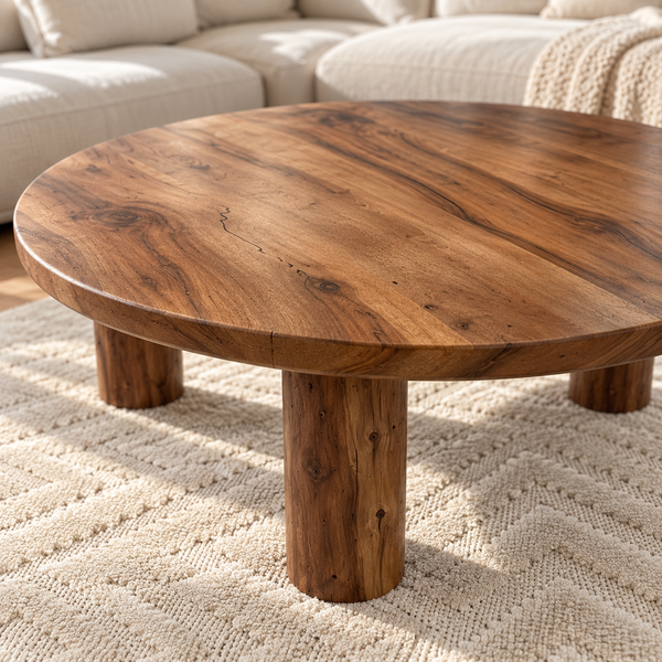 Table basse ronde en bois massif – Trois pieds cylindriques et plateau en noyer naturel