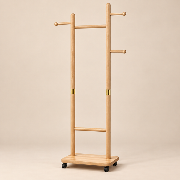 Portant mobile « Sahara » sur roulettes – Bois clair et bague en laiton doré