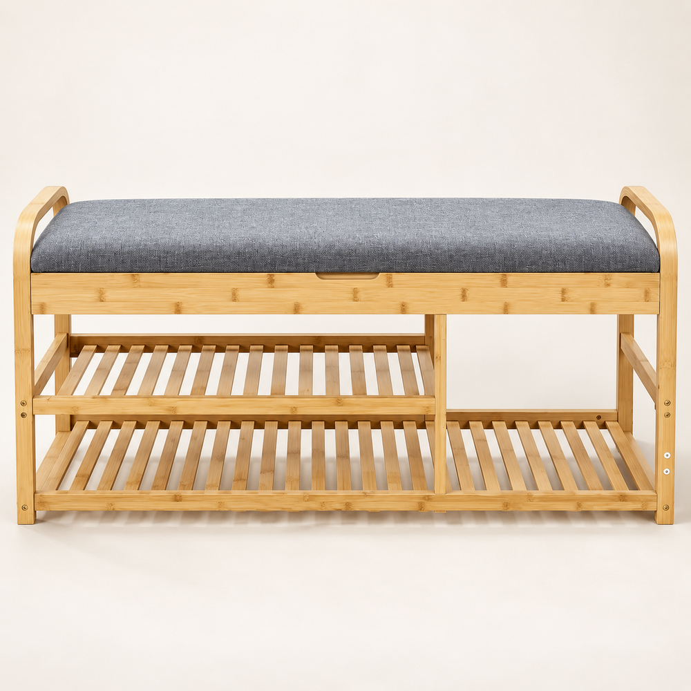 Banc à chaussures en bambou avec assise rembourrée gris – Rangement 2 niveaux & poignées courbes