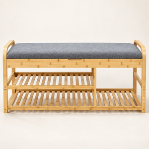 Banc à chaussures en bambou avec assise rembourrée gris – Rangement 2 niveaux & poignées courbes