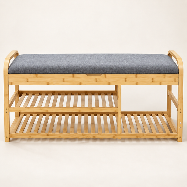 Banc à chaussures en bambou avec assise rembourrée gris – Rangement 2 niveaux & poignées courbes