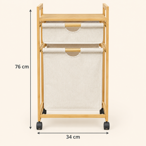 Panier à linge sur roulettes en bambou – 2 sacs en tissu écru amovibles
