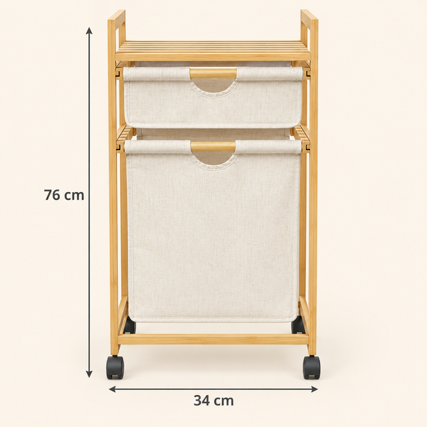 Panier à linge sur roulettes en bambou – 2 sacs en tissu écru amovibles
