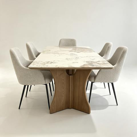 Table de salle à manger effet marbre avec piètement sculptural en bois