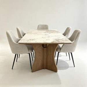 Table de salle à manger effet marbre avec piètement sculptural en bois
