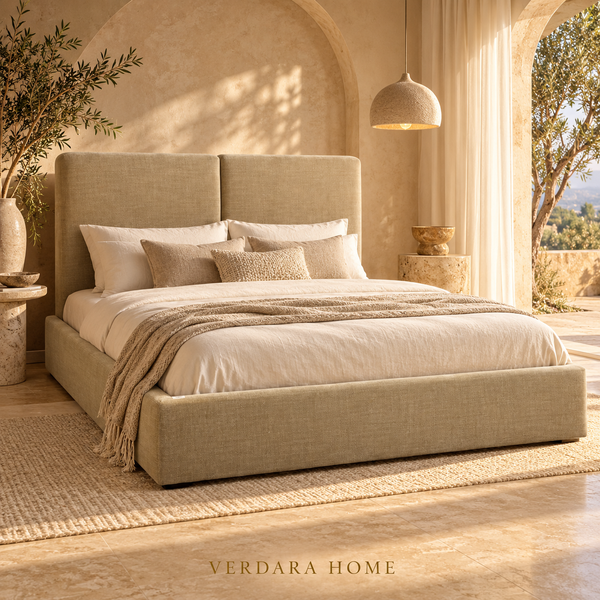 Lit Plateforme Beige Sable en Tissu Texturé, Tête de Lit Haute à Deux Panneaux