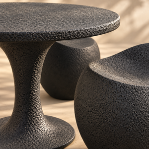 Ensemble bistrot 2 places – Table ronde tulipe et 2 fauteuils galets en finition texturée anthracite