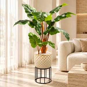 Plante Artificielle à Larges Feuilles avec Pot Céramique Doré et Support Métal Noir