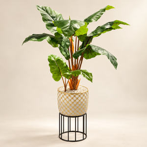Plante Artificielle à Larges Feuilles avec Pot Céramique Doré et Support Métal Noir
