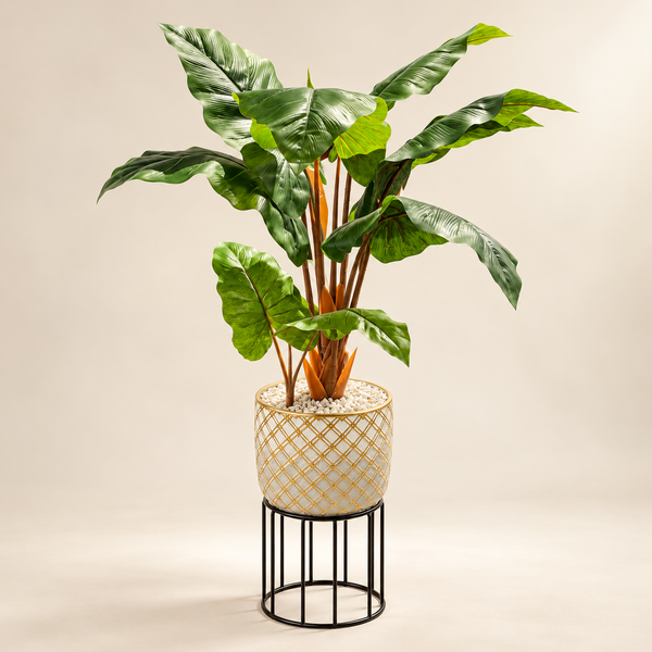 Plante Artificielle à Larges Feuilles avec Pot Céramique Doré et Support Métal Noir