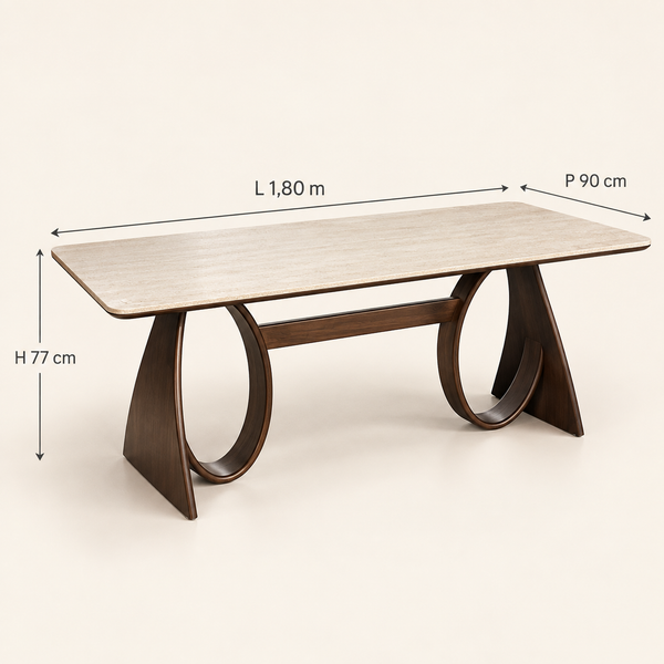 Table à manger rectangulaire sculpturale – Plateau effet travertin et piètements arqués en noyer
