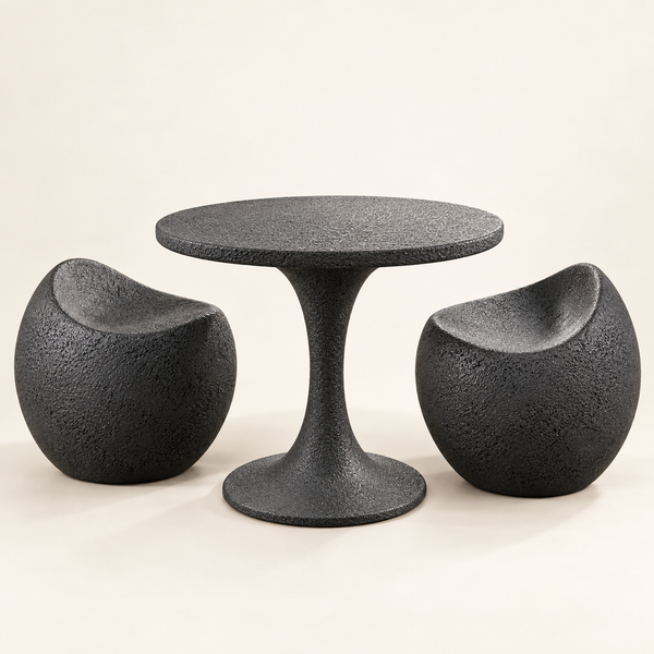 Ensemble bistrot 2 places – Table ronde tulipe et 2 fauteuils galets en finition texturée anthracite