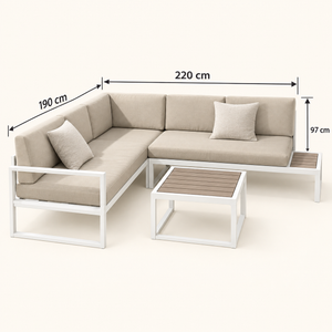 Salon de jardin d'angle – Structure en métal blanc, coussins beige et table basse à lattes effet bois